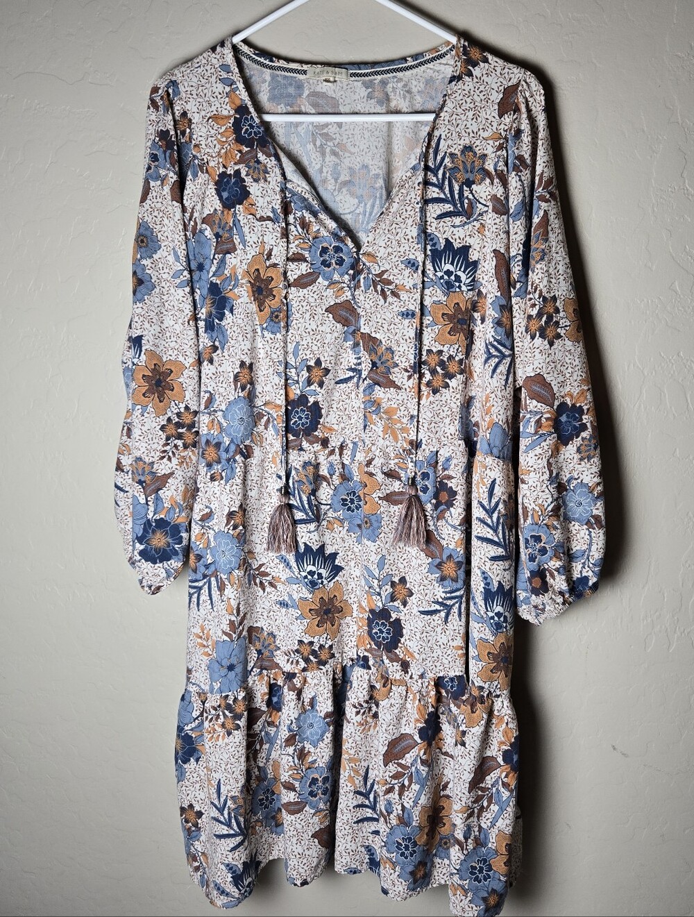 Kate & Sam Boho Floral Dress Tiered V-Neck Knee-LengthLong Sleeve Drop Waist XXL
